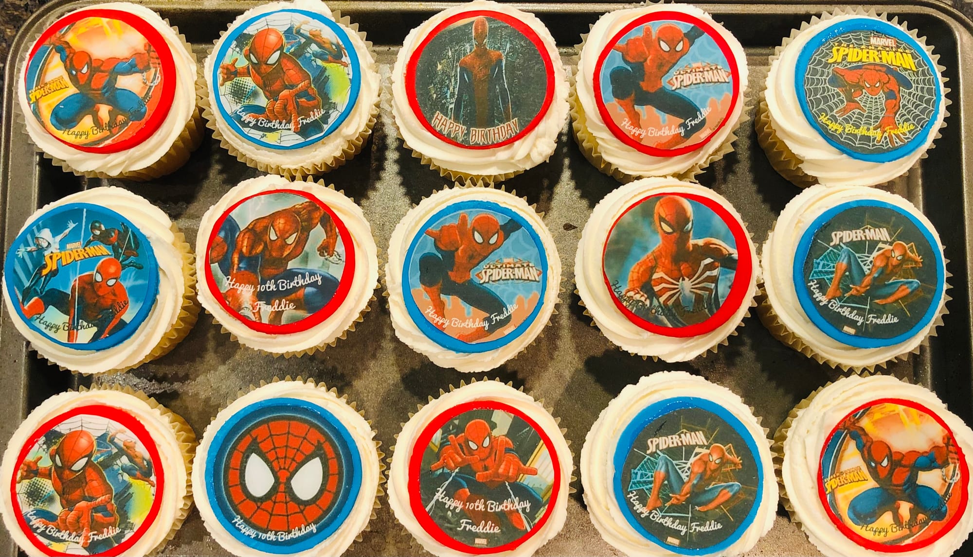 Vanilla Spider-Man Cupcakes With Buttercream Frosting and Edible Image