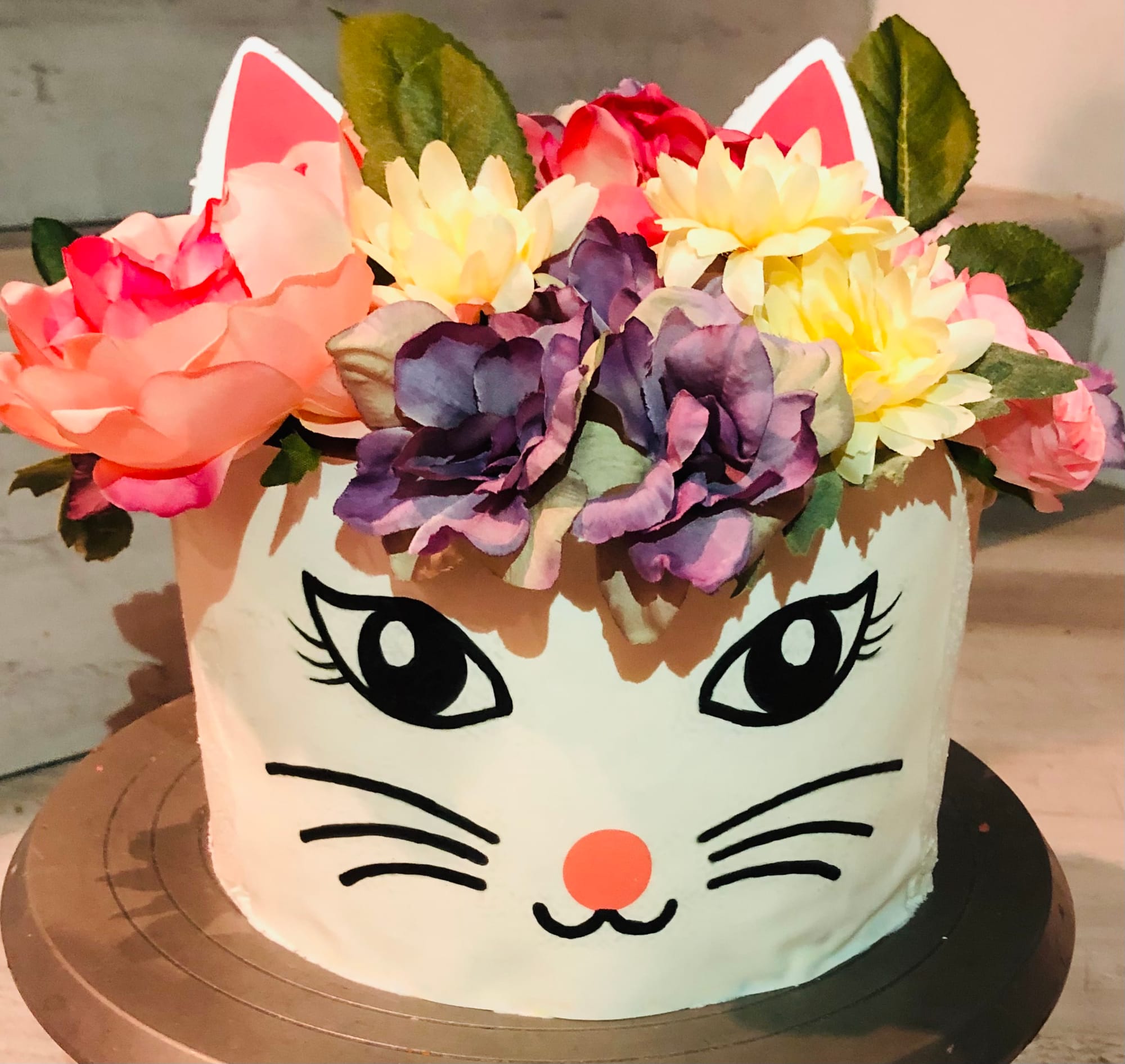 3 Layer Chocolate and Strawberry Cat Cake With Buttercream Frosting and Edible Image