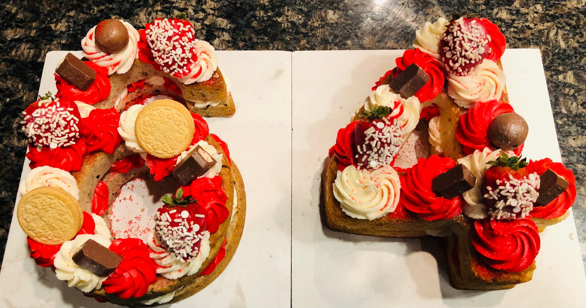 Number 64 Oreo and Vanilla Cake With Buttercream Frosting and Chocolate Dipped Strawberries