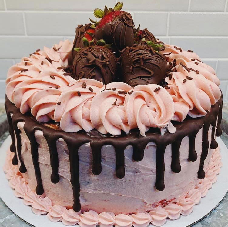 2 Layer Strawberry Cake With Buttercream Frosting and Chocolate Dipped Strawberries