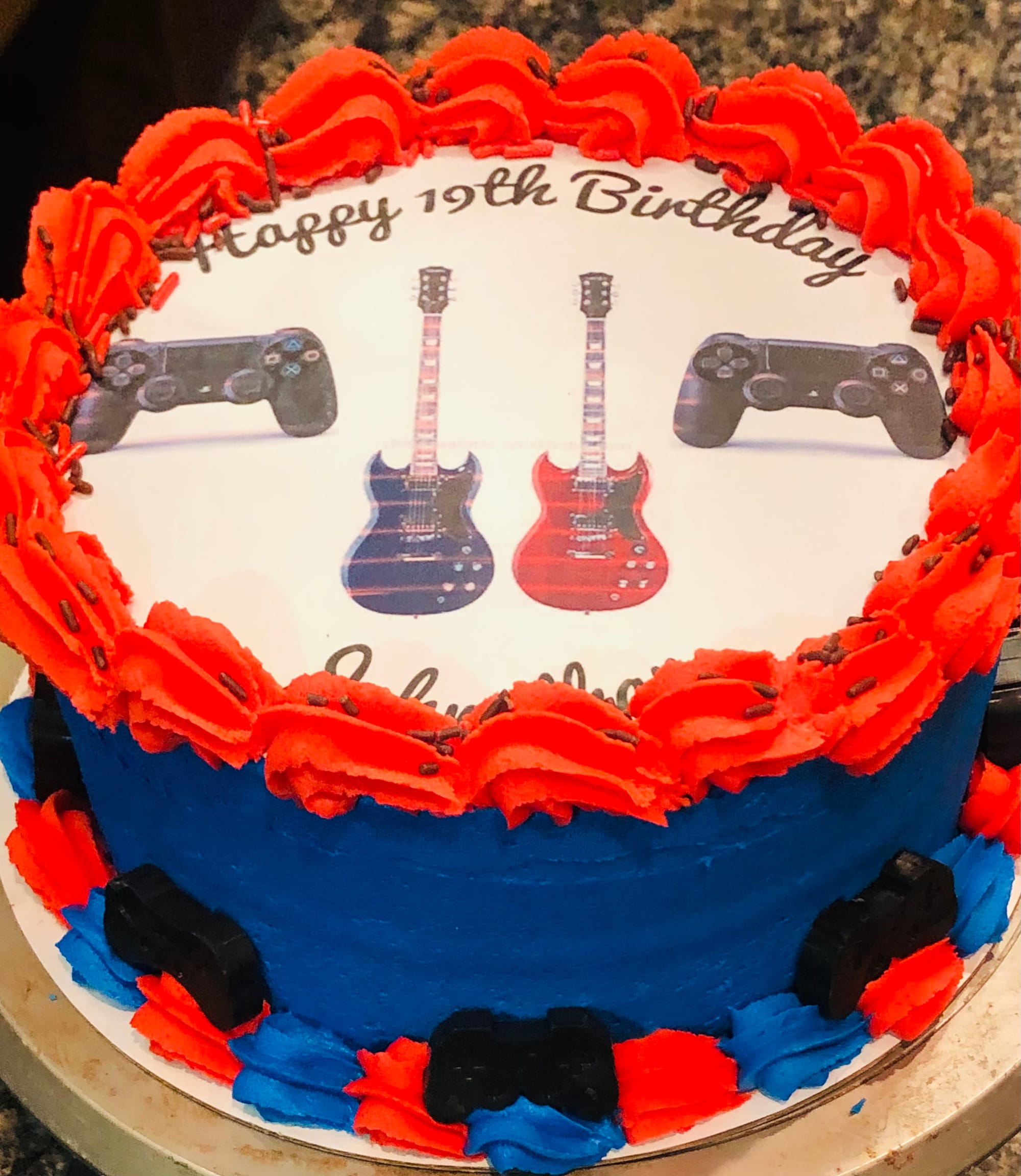 2 Layer Vanilla Guitar and Video Game Cake With Buttercream Frosting and Edible Image