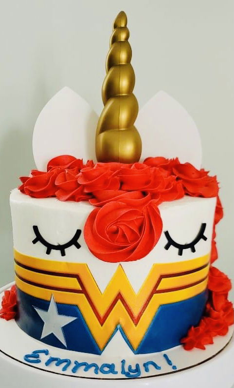 3 Layer funfetti Unicorn Wonder Woman Cake With Buttercream Frosting and Edible Images