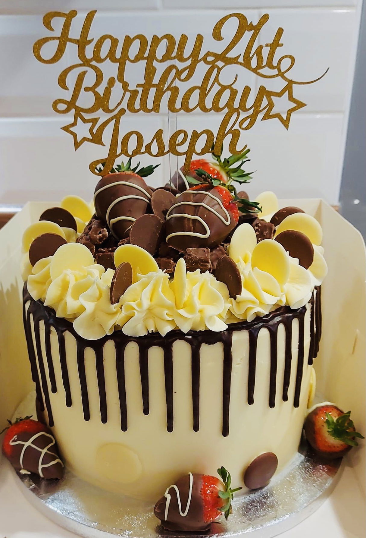 3 Layer Chocolate Cake With Buttercream Frosting, Chocolate Ganache, and Chocolate Dipped Strawberries