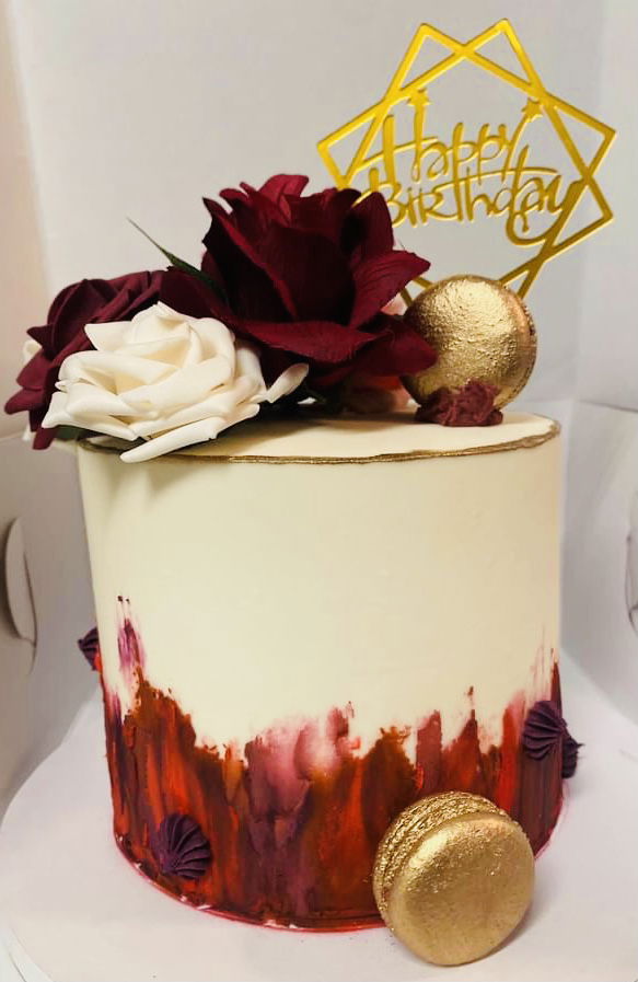 3 Layer Red Velvet Cake With Buttercream Frosting and Macarons