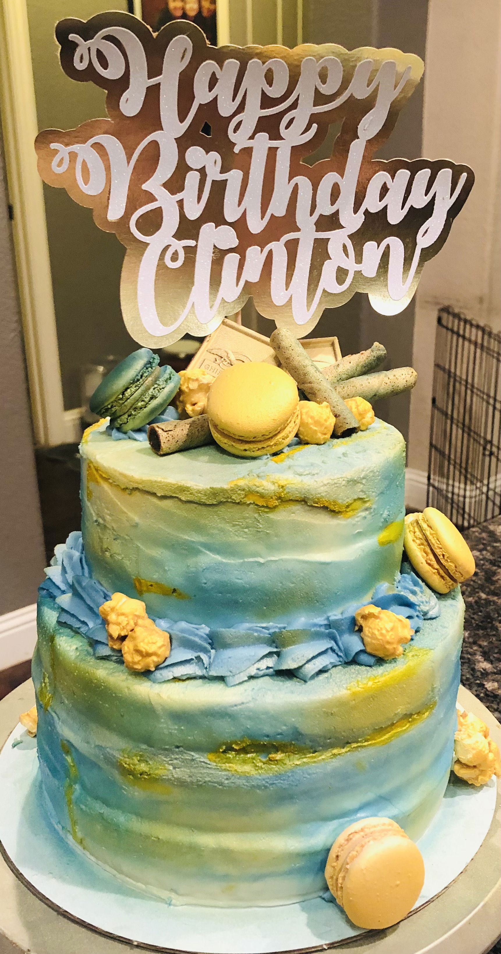 2 Tier Vanilla Marble Cake With Buttercream Frosting and Macarons