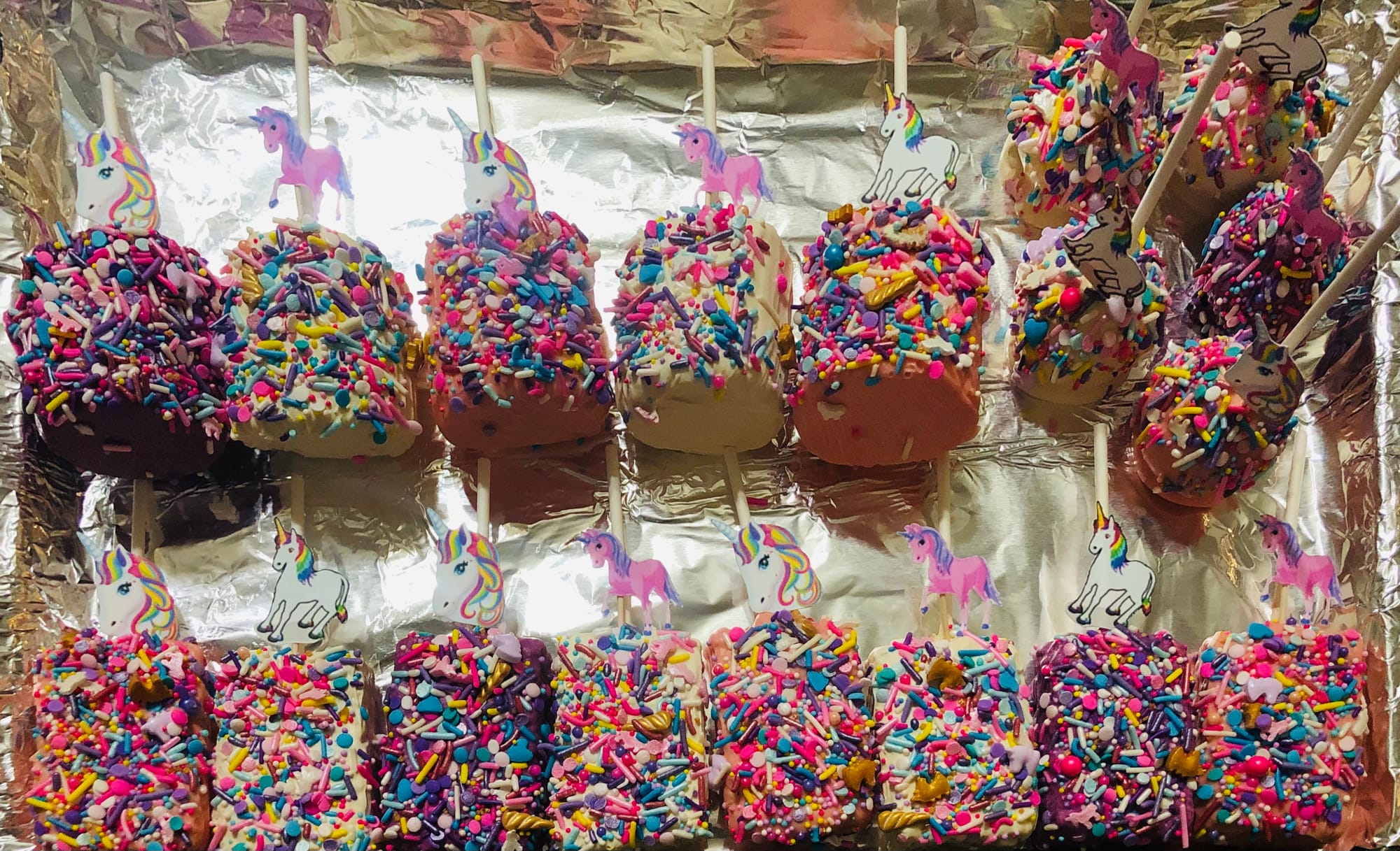 Unicorn Cake Pops, Dipped Rice Crispy Treats, and Dipped Marshmallows