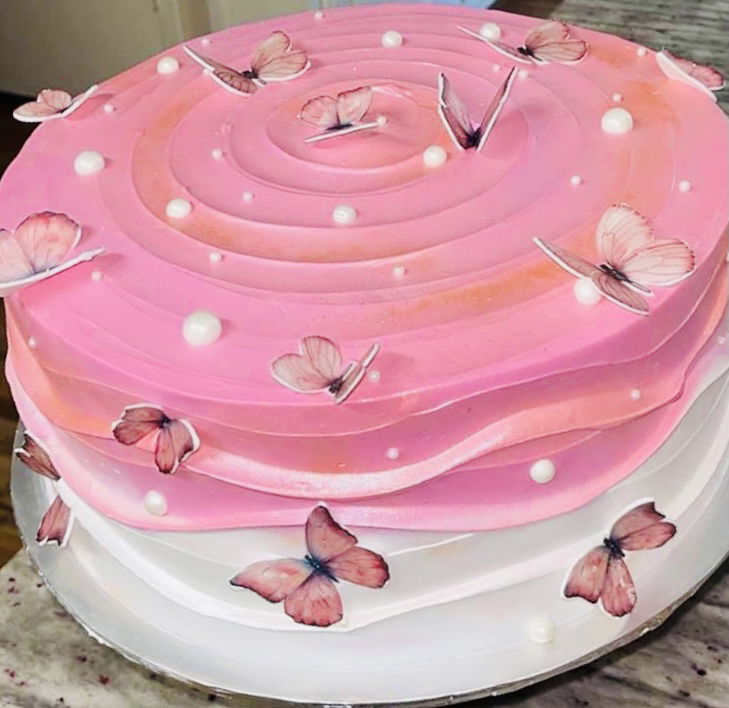 2 Layer Vanilla and Strawberry Butterfly Cake With Buttercream Frosting