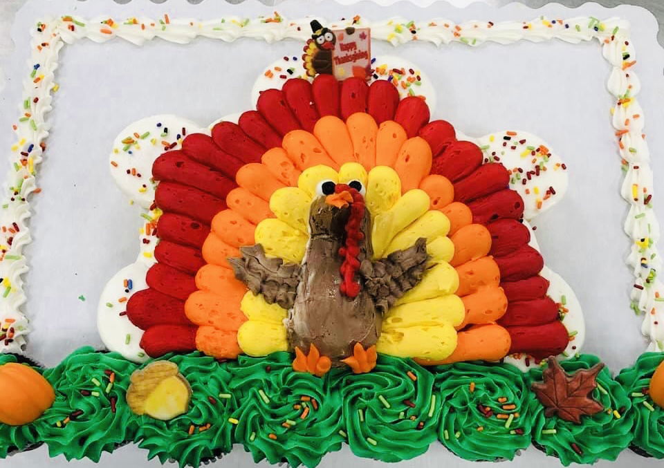 Chocolate Thanksgiving Sheet Cake With Buttercream Frosting and Matching Cupcakes