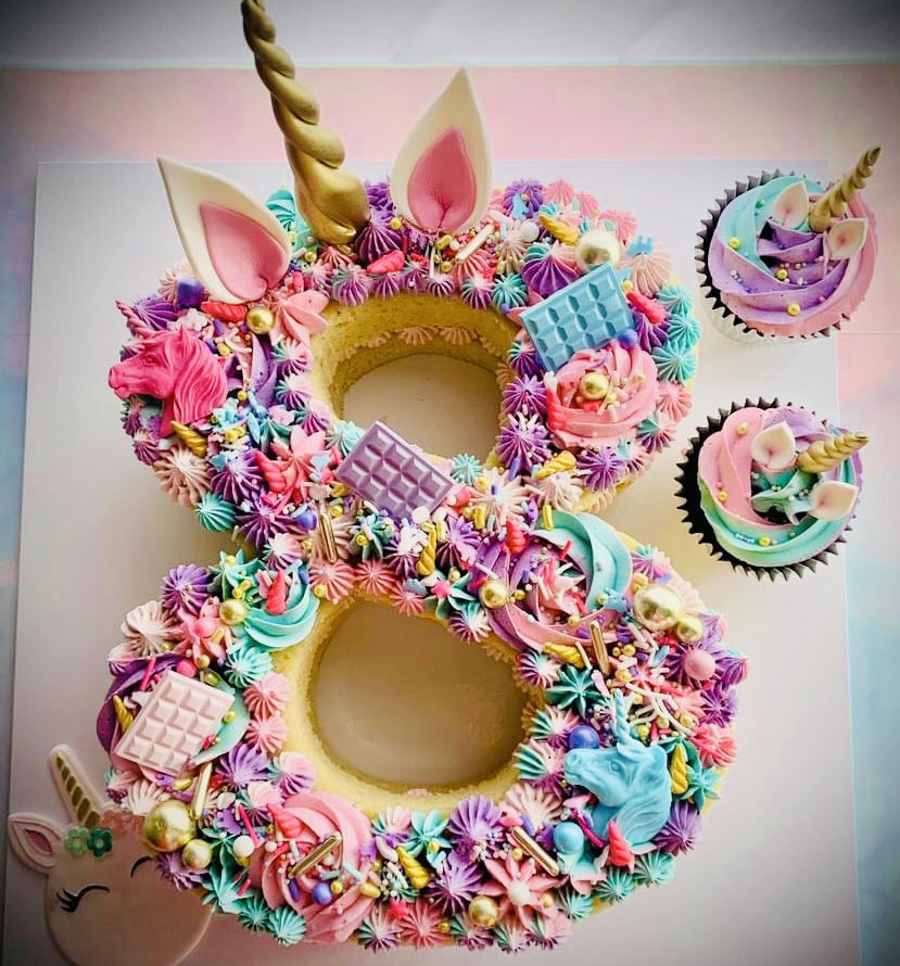 Number 8 Vanilla Unicorn Cake With Buttercream Frosting and Matching Cupcakes