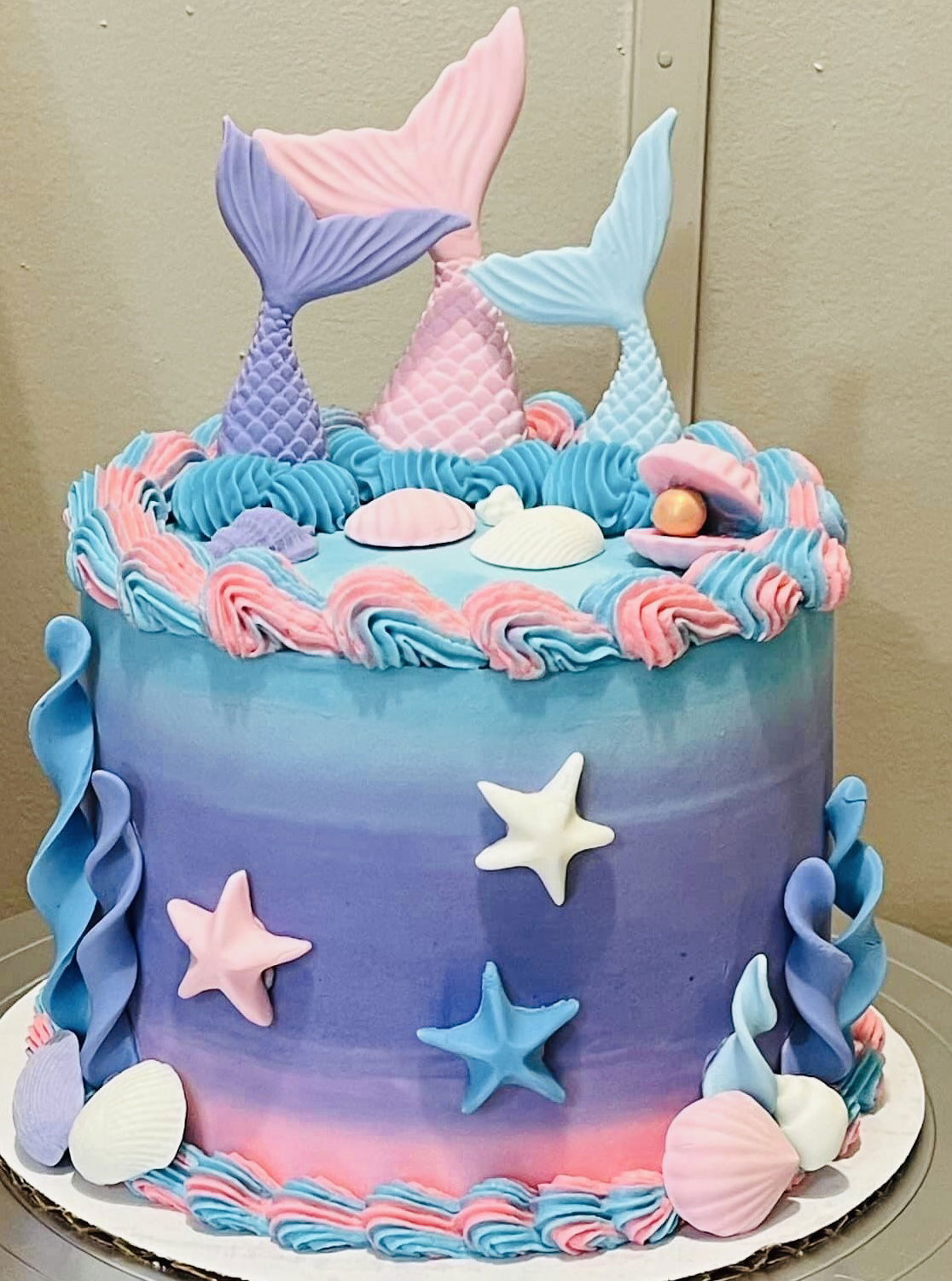 3 Layer Vanilla, Chocolate, and Strawberry Mermaid Cake with Buttercream Frosting, Chocolate, and Fondant