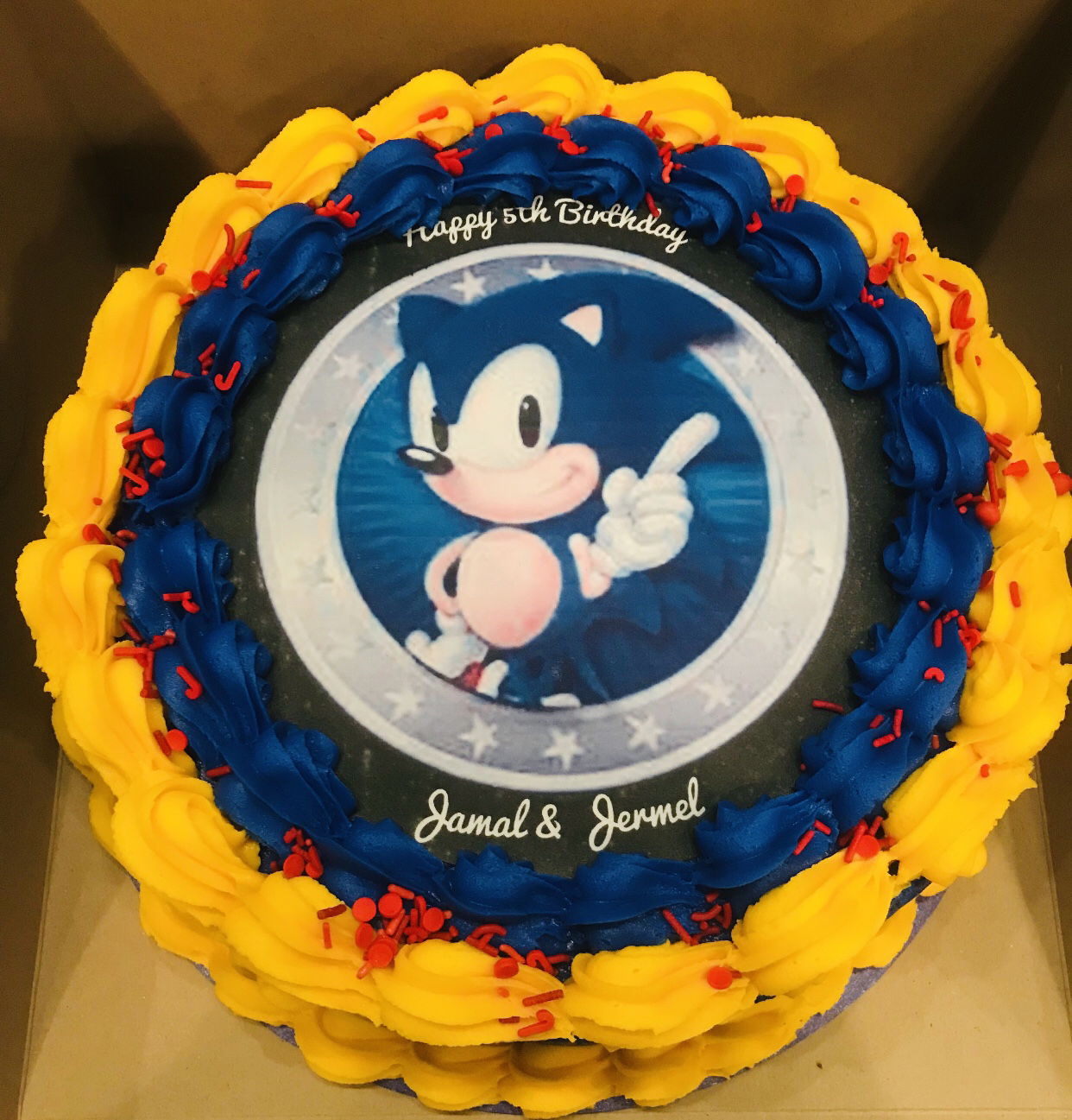 2 Layer Chocolate and Vanilla Sonic the Hedgehog Cake with Buttercream Frosting and Edible Image