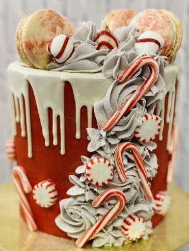 4 Layer Red Velvet and Peppermint Cake with Buttercream Frosting and Macarons