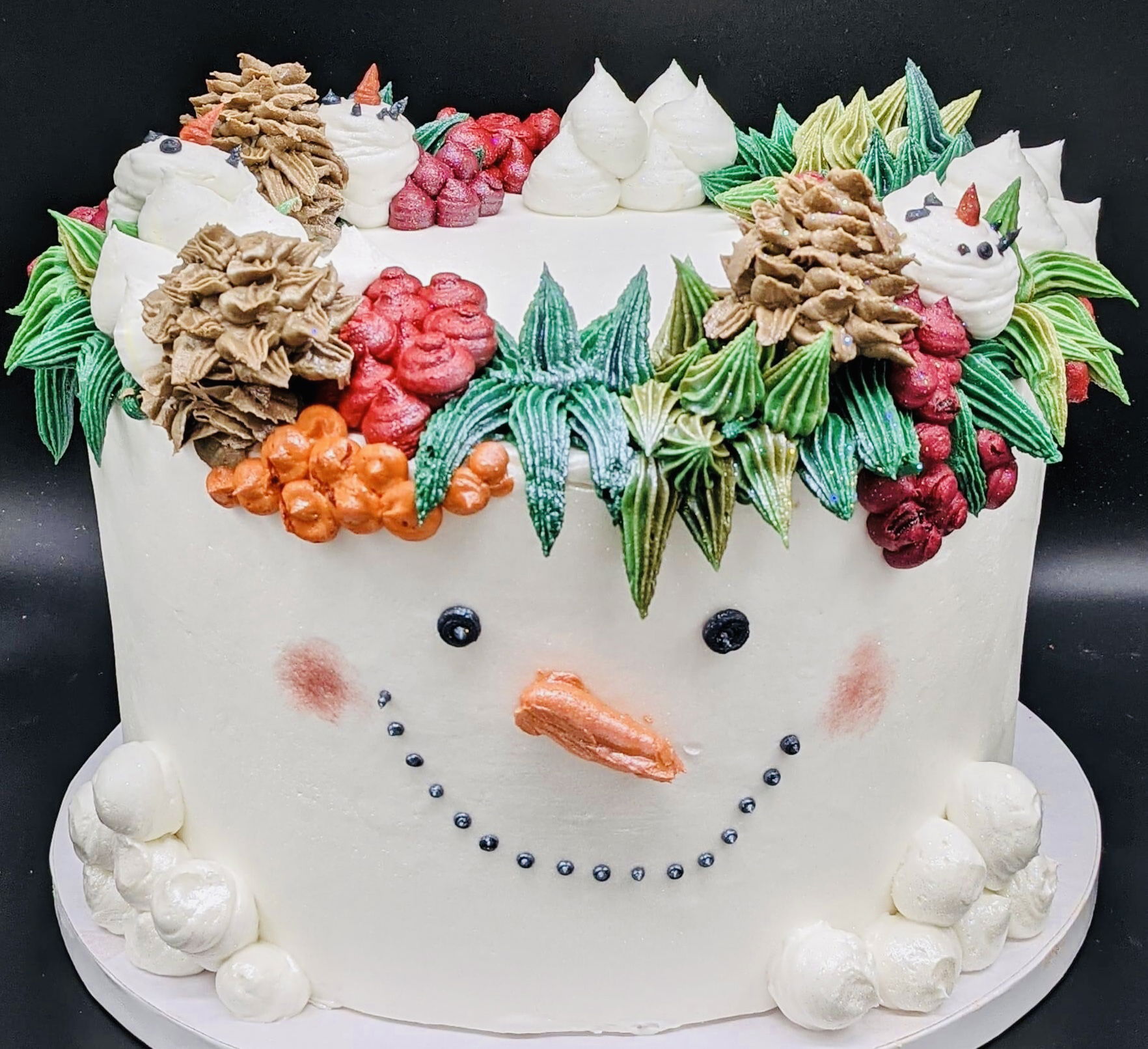 3 Layer Vanilla and Chocolate Frosty the Snowman Cake with Buttercream Frosting