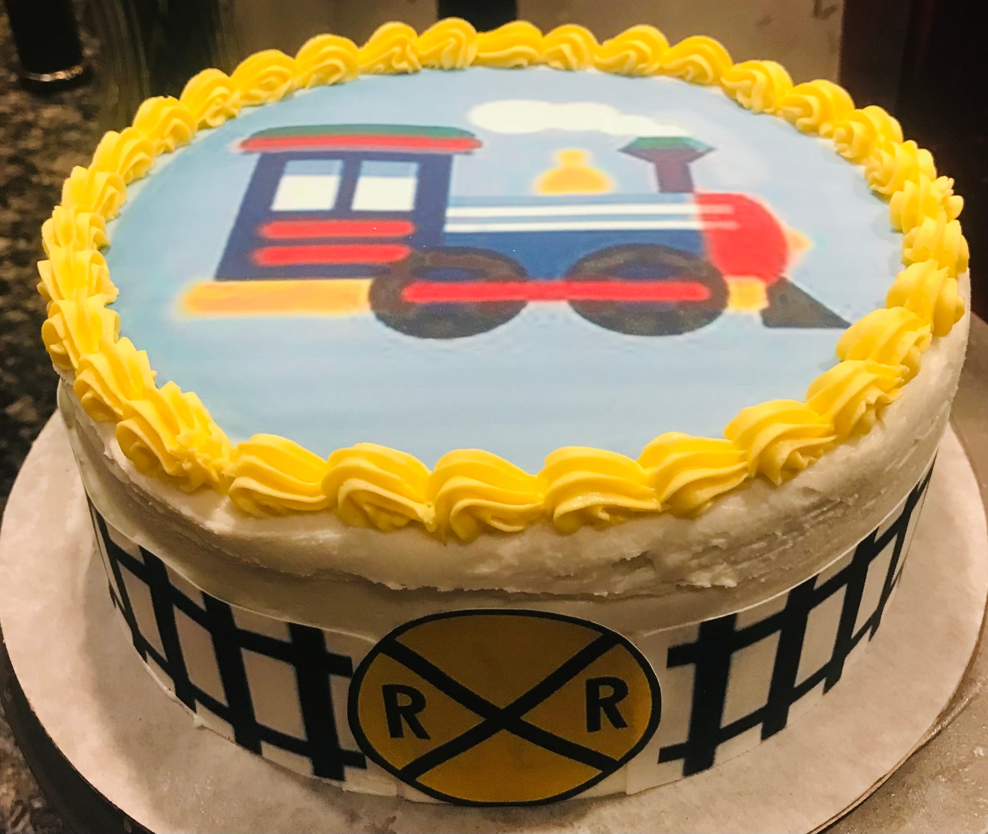 2 Layer Vanilla Child’s Train Cake with Buttercream Frosting and Edible Images