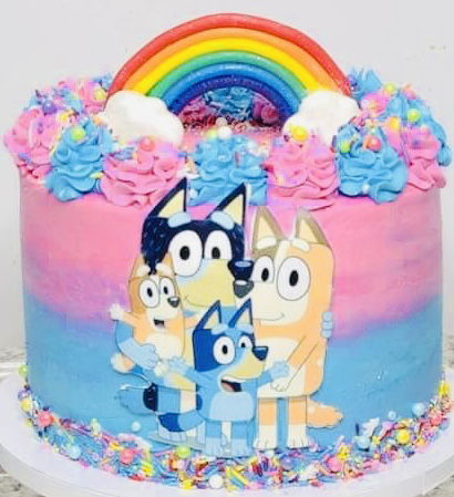 4 Layer Chocolate and Strawberry Bluey Cake with Buttercream Frosting, Edible Image, and Fondant