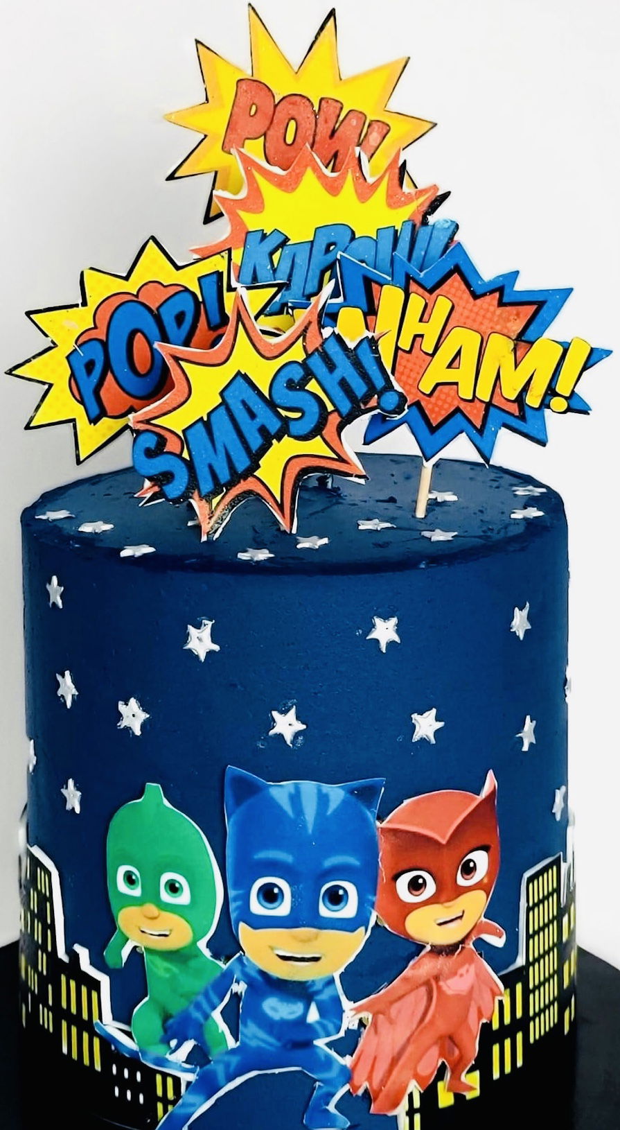 4 Layer Vanilla and Chocolate PJ Masks Cake with Buttercream Frosting and Edible Images