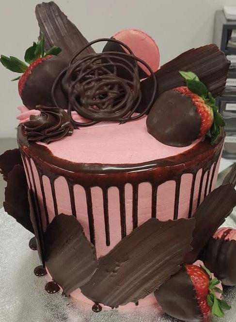 4 Layer Chocolate and Strawberry Cake With Buttercream Frosting, Chocolate Dipped Strawberries, and Macarons