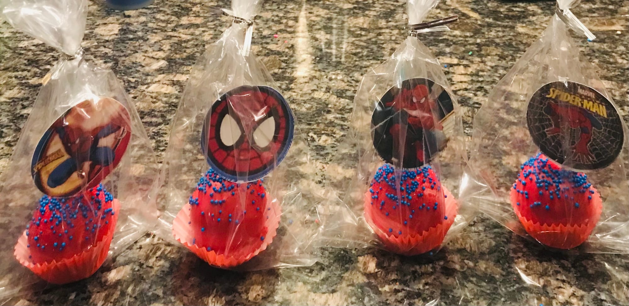 Spider-Man Pull-Apart Cupcake Cake with Whipped Frosting, Matching Cake Pops, and Dipped Pretzels