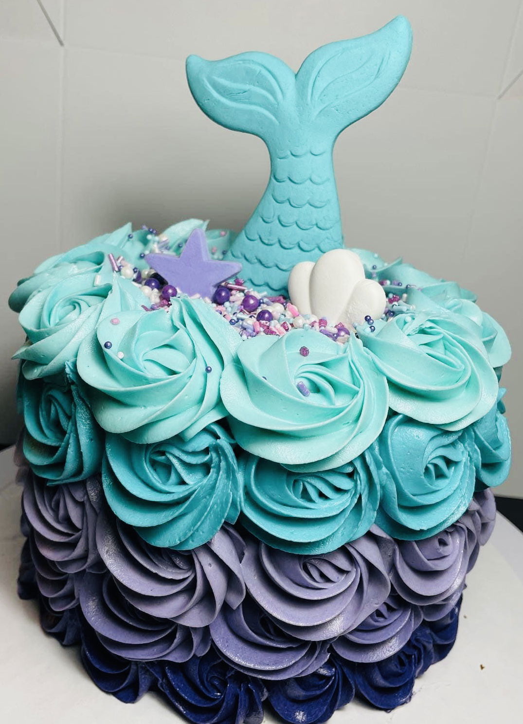 2 Layer Funfetti Mermaid Birthday Cake With Buttercream Frosting, and Chocolate Tail