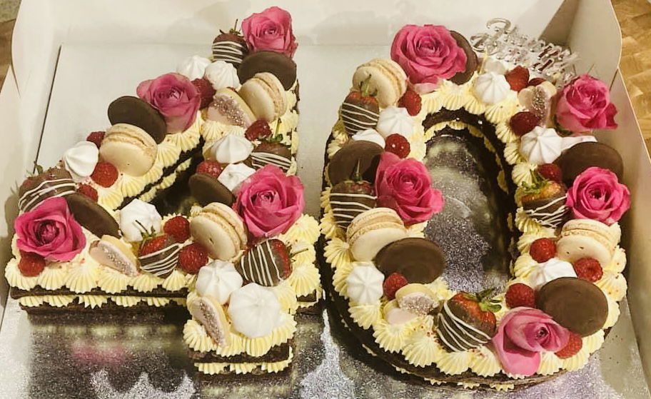 Number 40 Chocolate Cake with Buttercream Frosting and Macarons