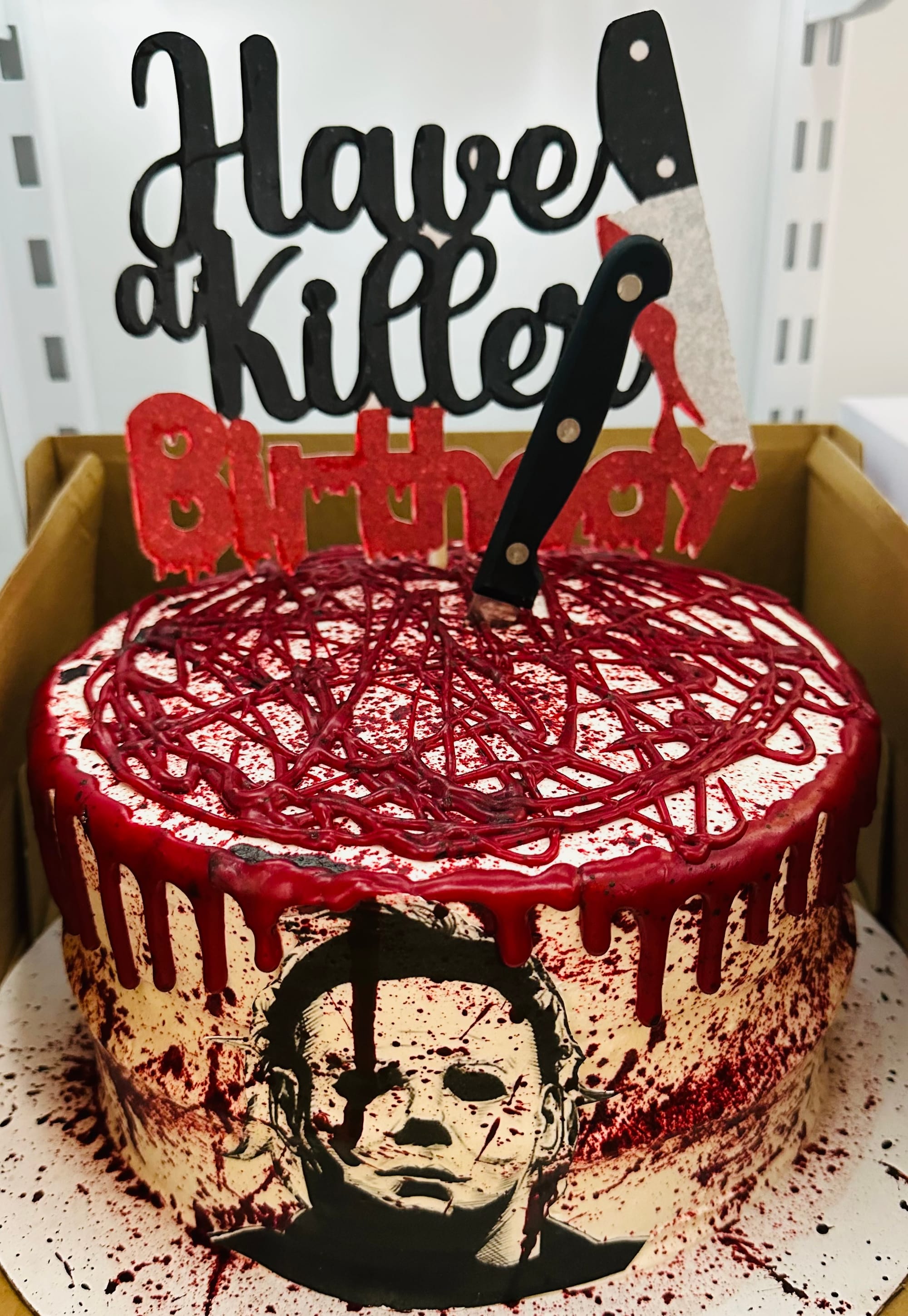 3 Layer Chocolate, Vanilla, and Oreo Michael Meyers Cake with Buttercream Frosting and Edible Image