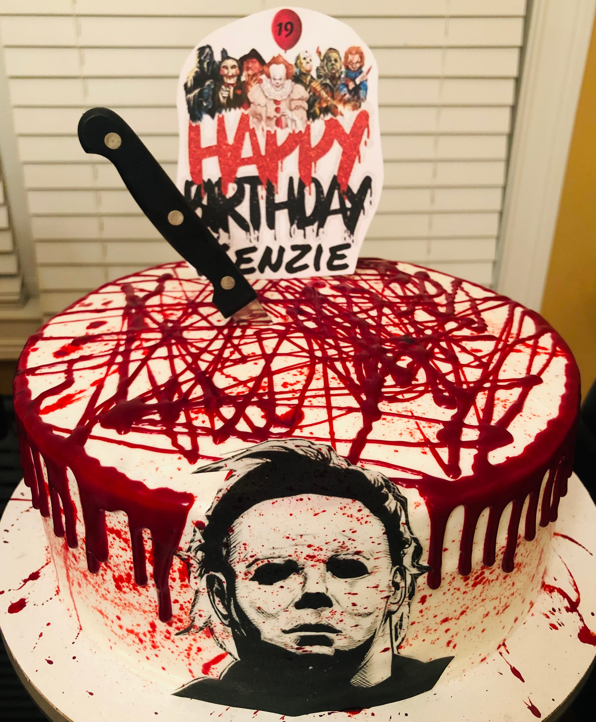 3 Layer Red Velvet Michael Meyers Cake With Buttercream Frosting and Edible Image