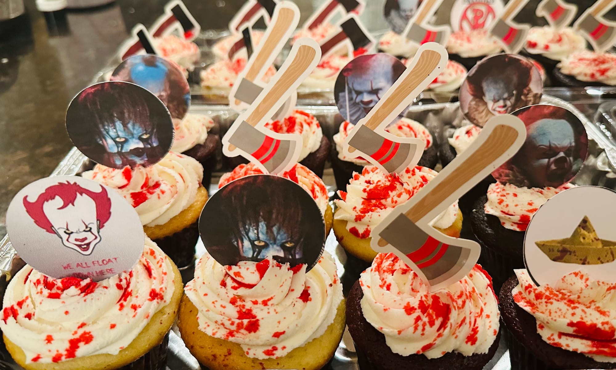 Chocolate, Vanilla, & Red Velvet Halloween and Pennywise Cupcakes with Buttercream Frosting