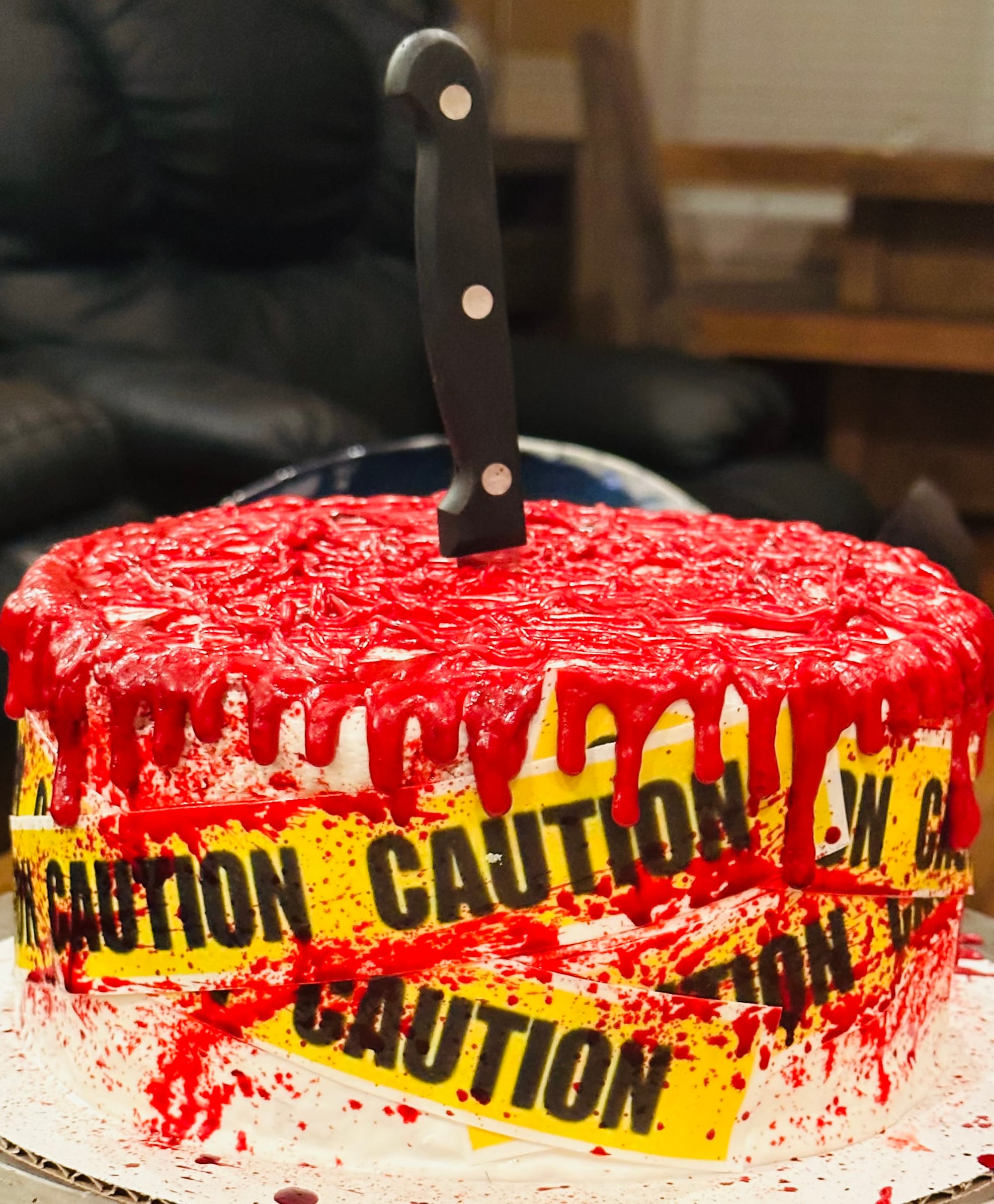 2 Layer Vanilla Bloody Crime Scene Cake with Buttercream Frosting and Edible Images