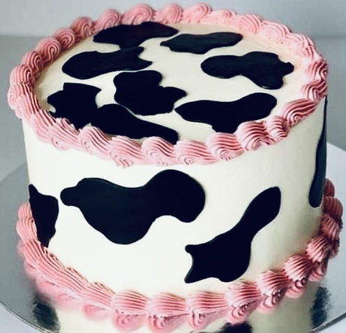 2 Layer Vanilla Cow Pattern Cake with Buttercream Frosting and Fondant Appliqué