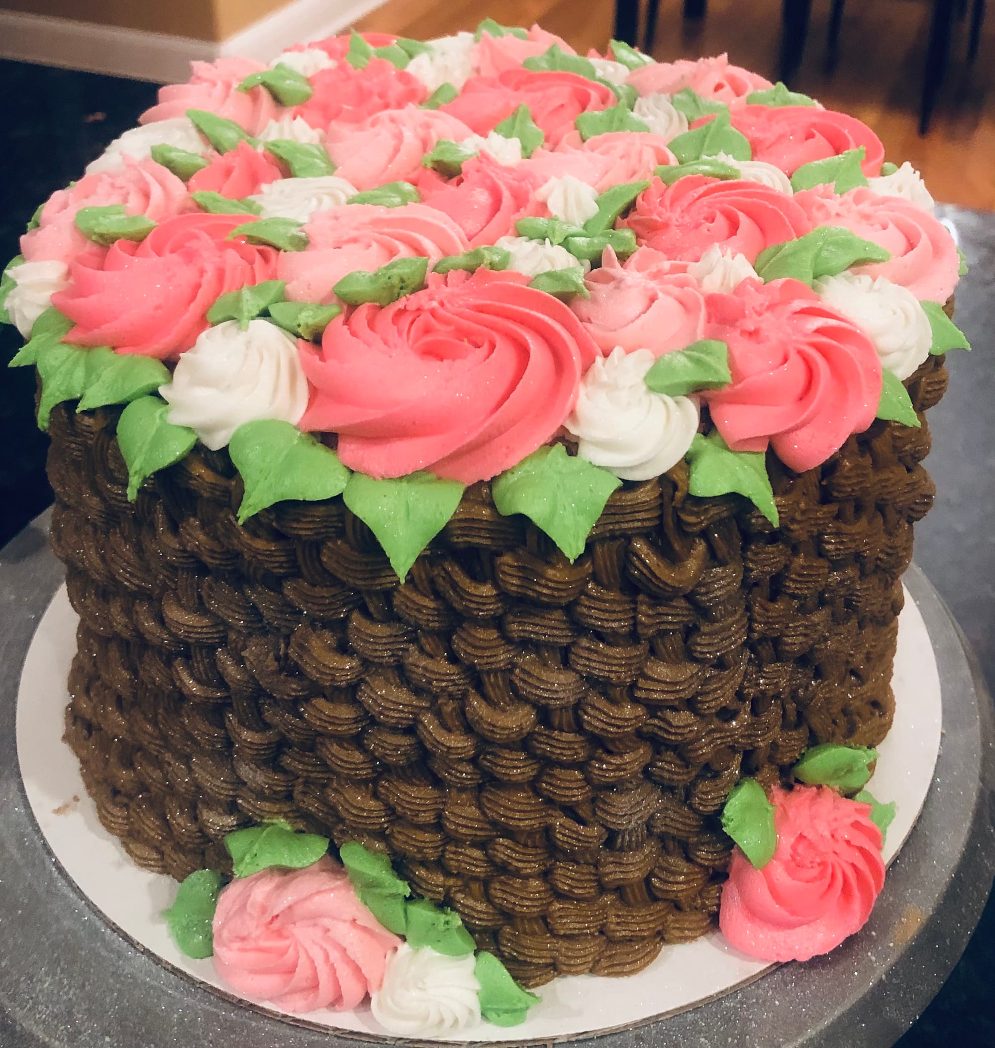 3 Layer Strawberry Flower Basket Cake with Buttercream Frosting