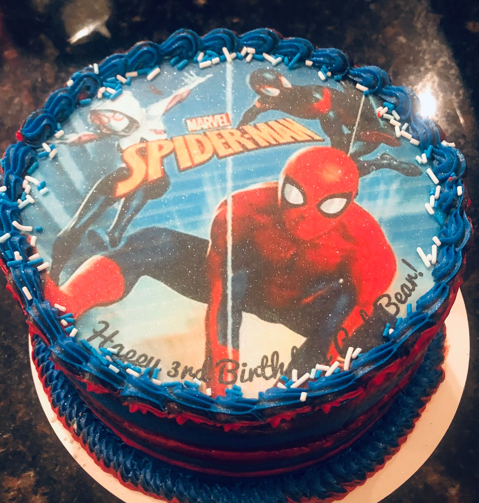 2 Layer Vanilla Spider-Man Cake With Buttercream Frosting and Edible Image