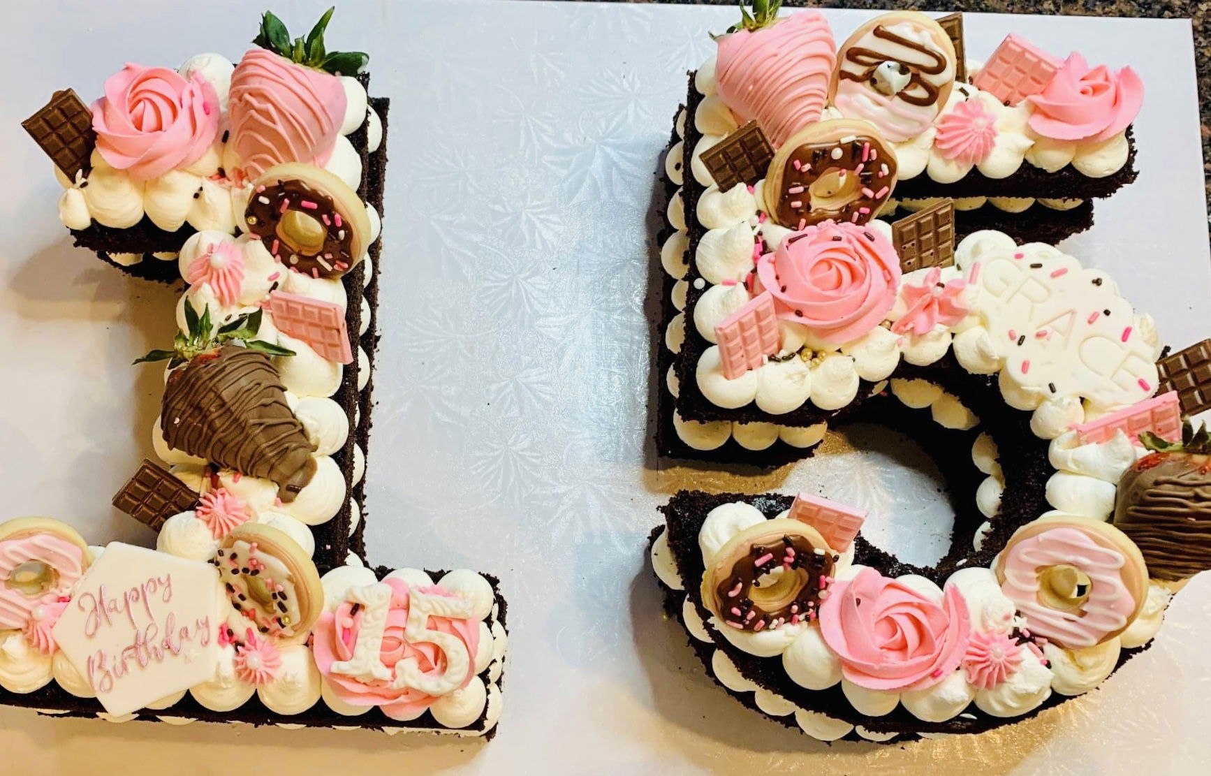 Number 15 Chocolate Cale with Buttercream Frosting and Chocolate Dipped Strawberries