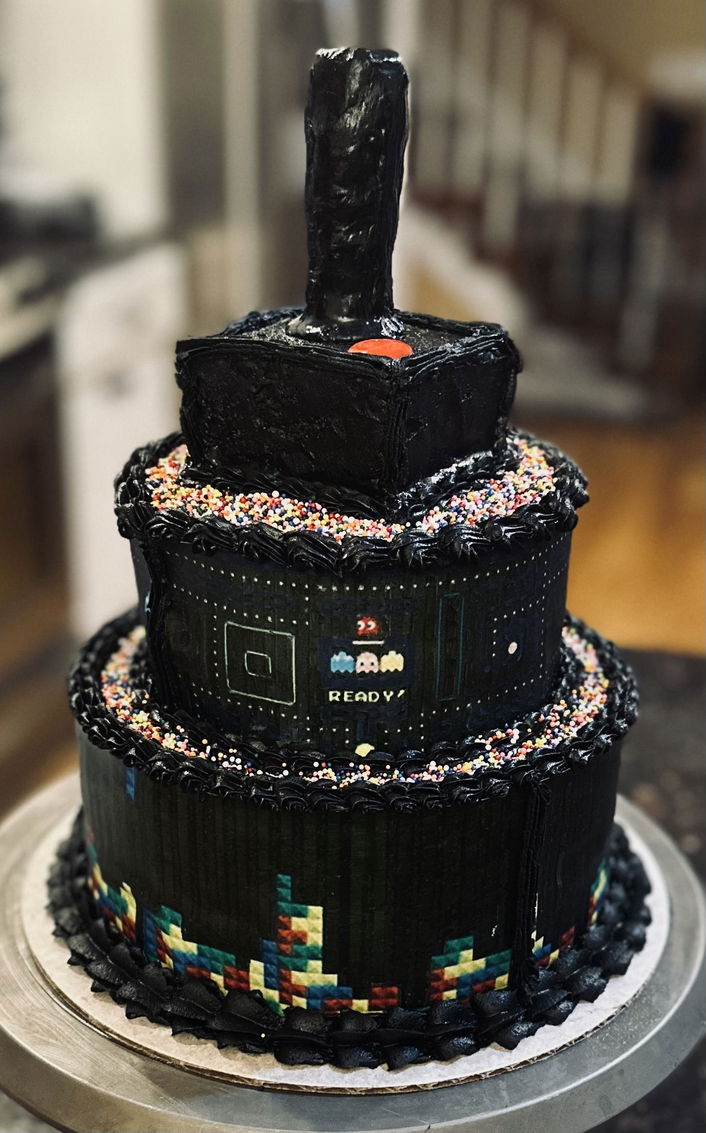 3 Tier Oreo Retro Pac-Man & Tetris Video Game Cake with Buttercream Frosting, and Edible Images