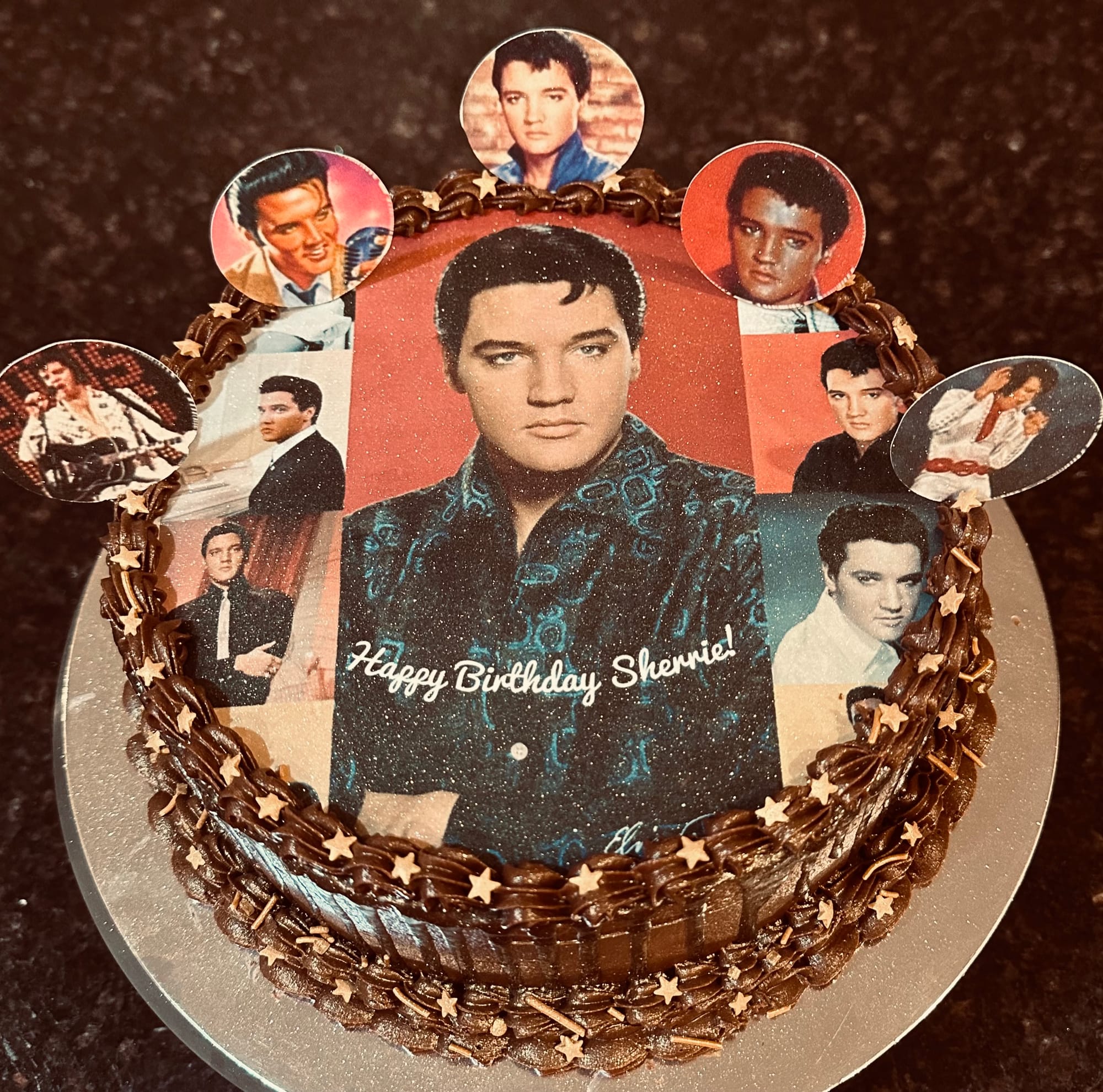 2 Layer Chocolate Elvis Presley Cake with Buttercream Frosting, and Edible Image