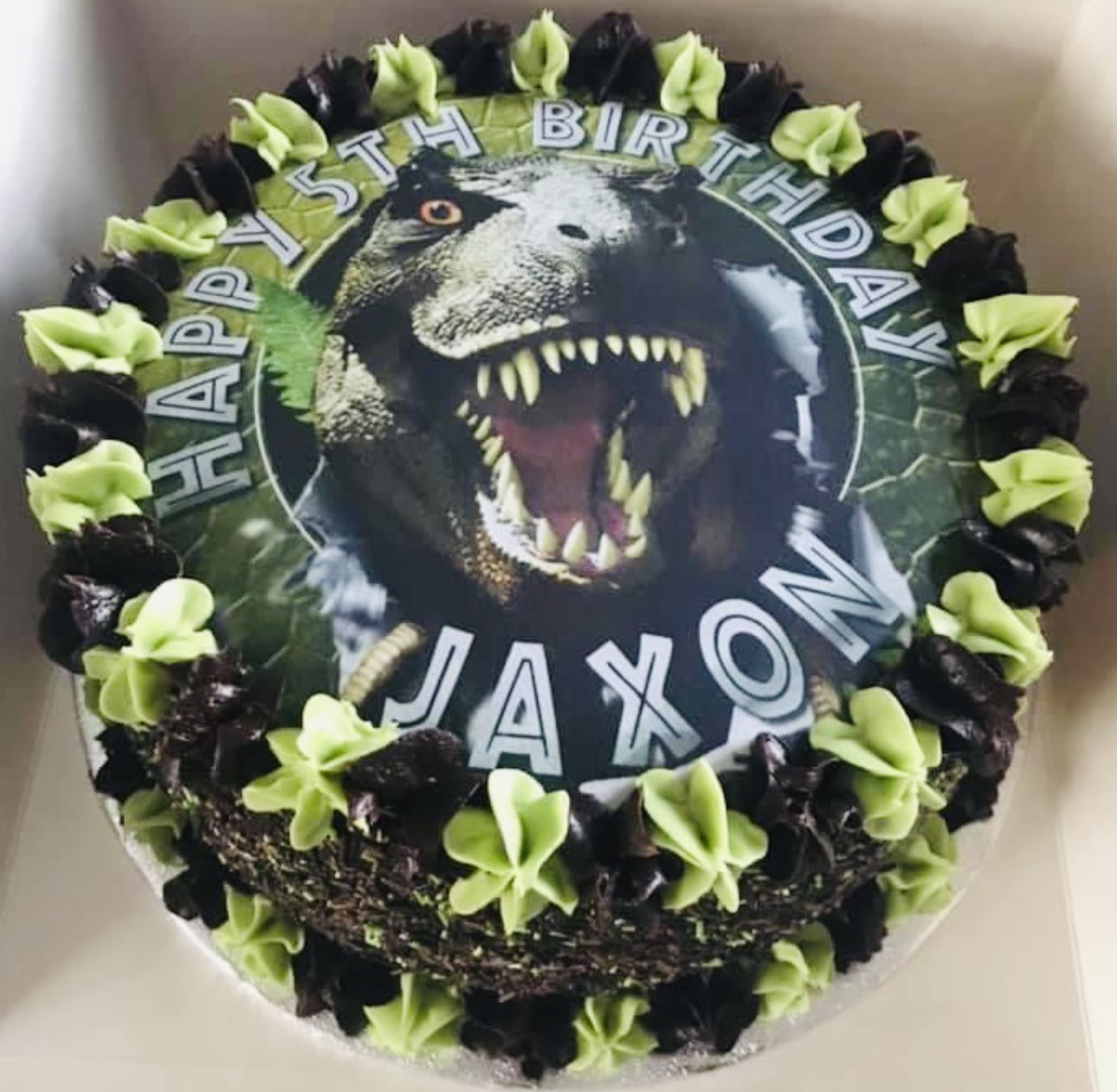 2 Layer Chocolate Dinosaur Cake with Buttercream Frosting and Edible Image