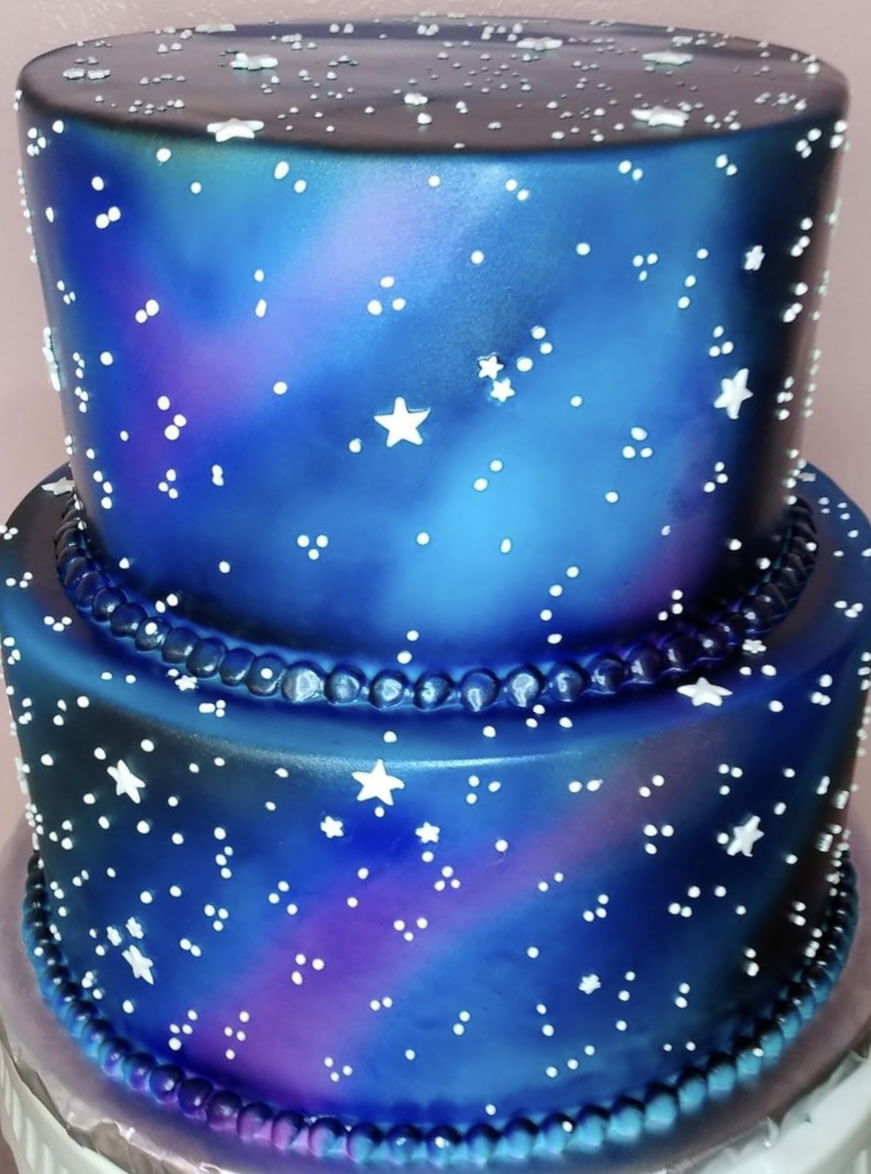 2 Tier Vanilla and Chocolate Galaxy Space Cake with Buttercream Frosting and Fondant Decor