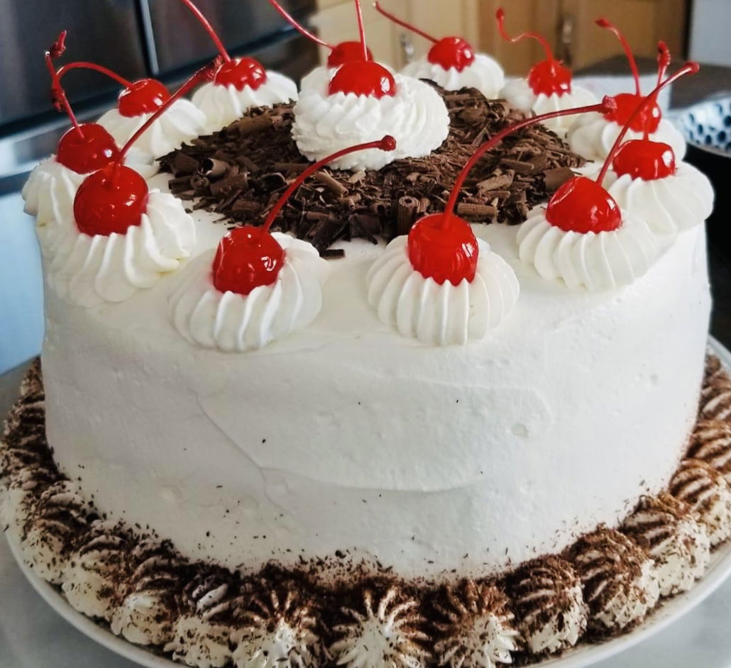 2 Layer Black Forest Cake with Whip Cream Frosting with Cherries