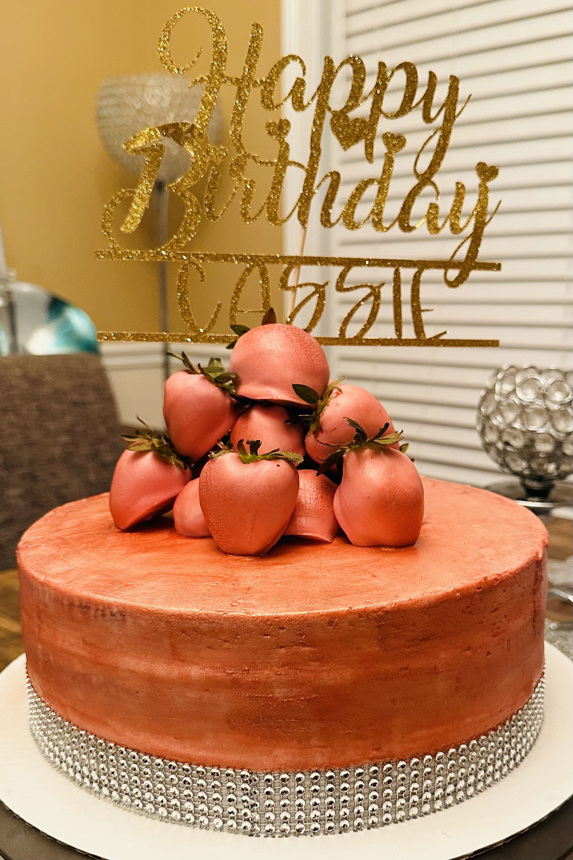 2 Layer Strawberry Rose Gold Sweet 16 Cake with Buttercream Frosting and Chocolate Dipped Strawberries