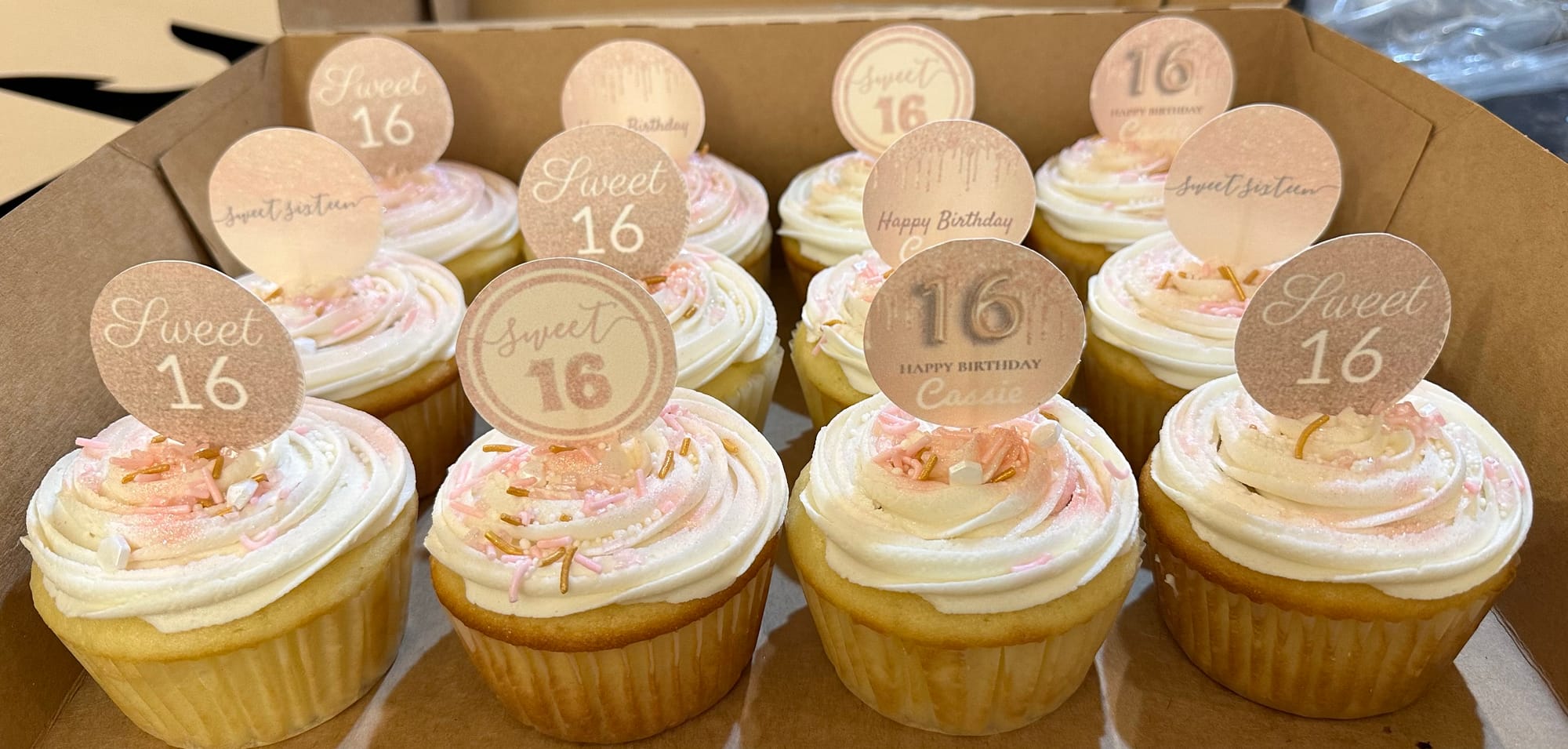 Vanilla Rose Gold Sweet 16 Cupcakes with Buttercream Frosting