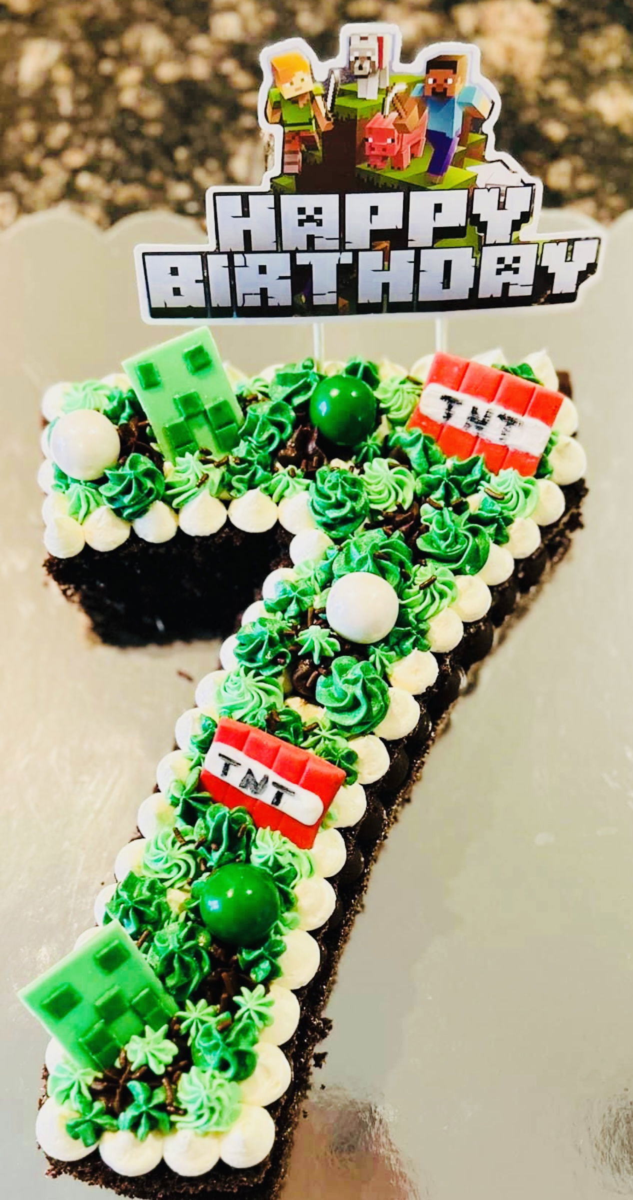 Number 7 Chocolate MineCraft Cake with Buttercream Frosting