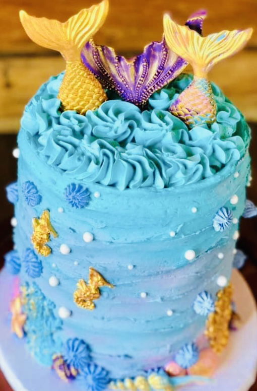 4 Layer Strawberry Mermaid Cake with Buttercream Frosting and Chocolate Appliqué