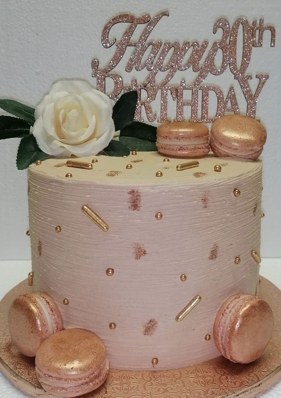 3 Layer Rose Gold Strawberry Birthday Cake with Buttercream Frosting and Macarons