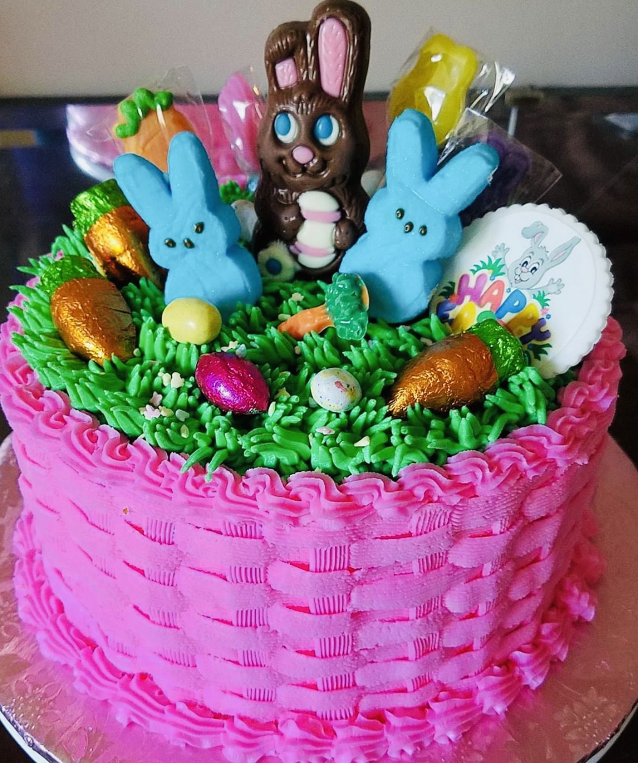 2 Layer Chocolate Easter Basket Weave Cake with Buttercream Frosting and Easter Candies