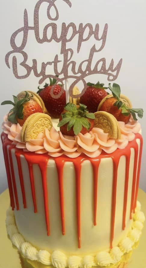 3 Layer Strawberry and Vanilla Cake with Buttercream Frosting, Fresh Strawberries, and Oreos