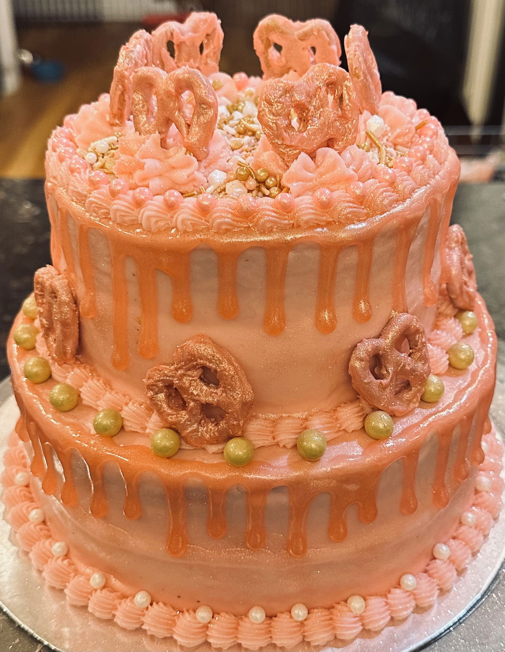 2 Tier Chocolate Rose Gold Sweet 16 Birthday Cake with Buttercream Frosting