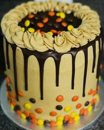 4 Layer Chocolate and Peanut Butter Reese’s Pieces Cake with Peanut Butter Frosting, and Chocolate Candies