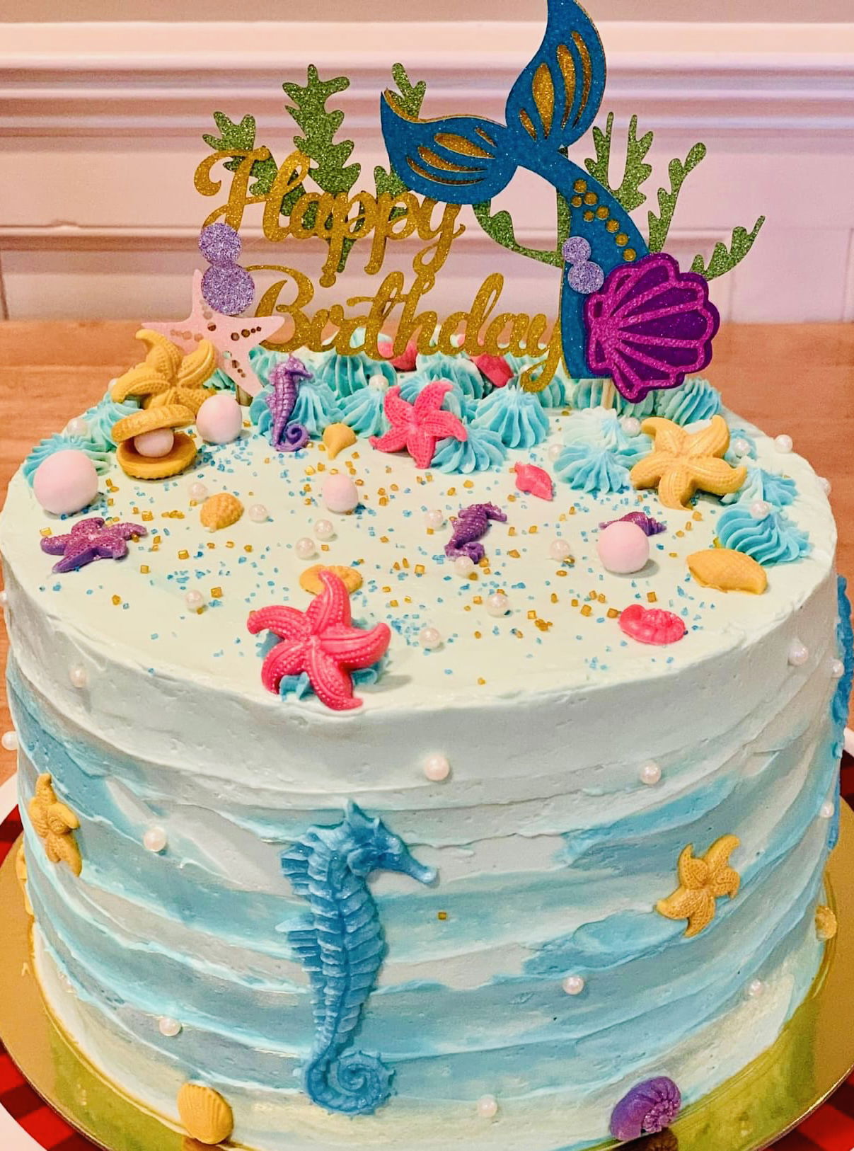 2 Layer Funfetti Mermaid Cake with Buttercream Frosting and Chocolate Appliqué