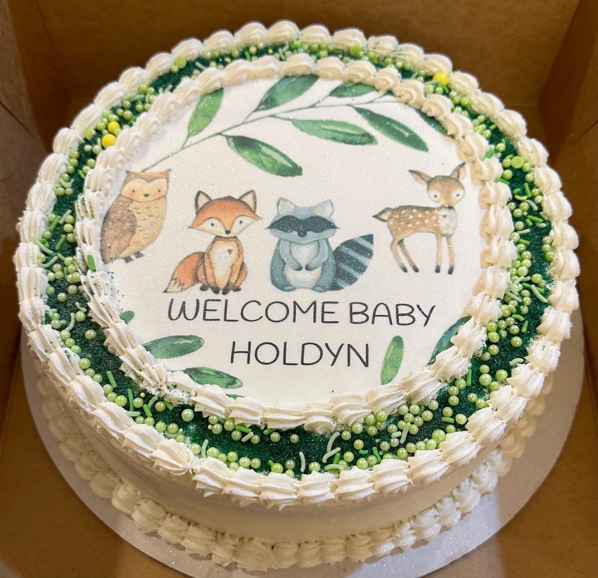 2 Layer Strawberry Woodland Animals Baby Shower Cake with Buttercream Frosting, and Edible Image