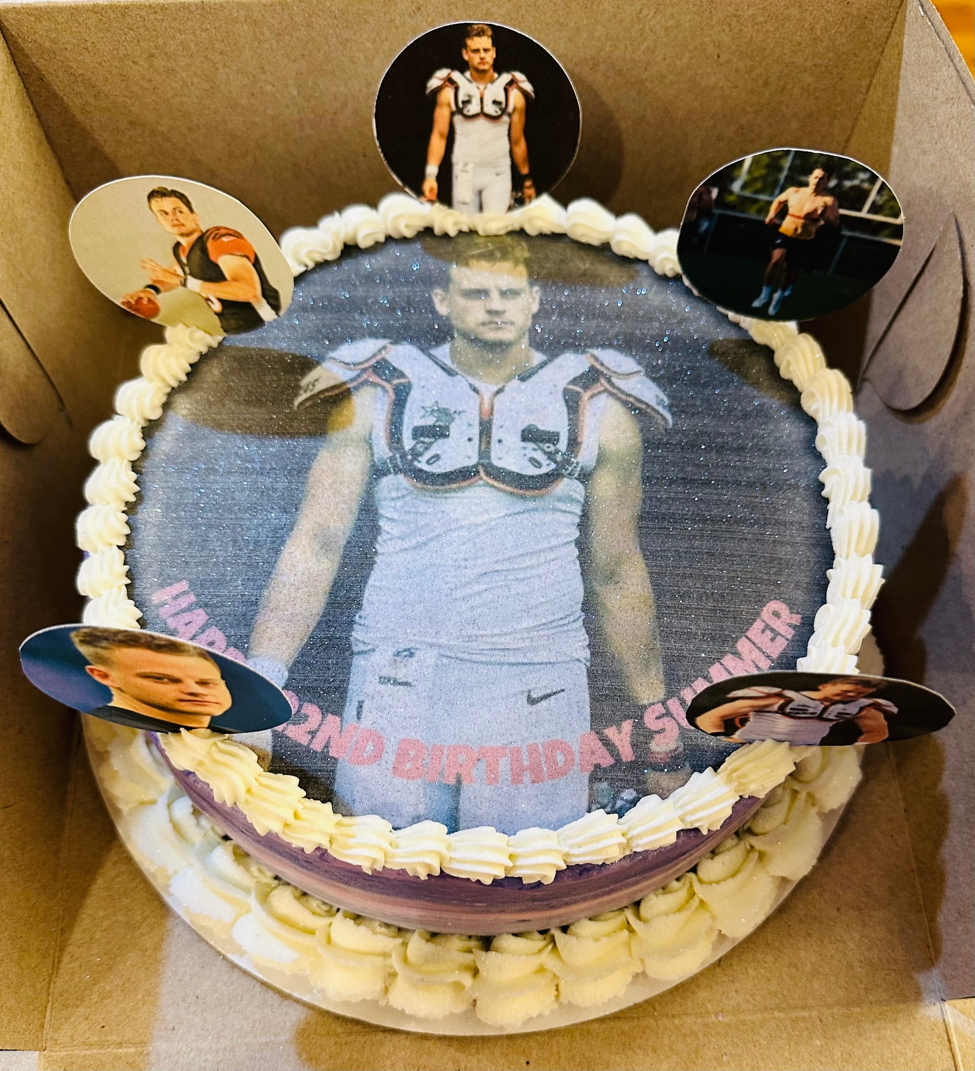 2 Layer Vanilla Joe Burrows Football Cake with Buttercream Frosting and Edible Image