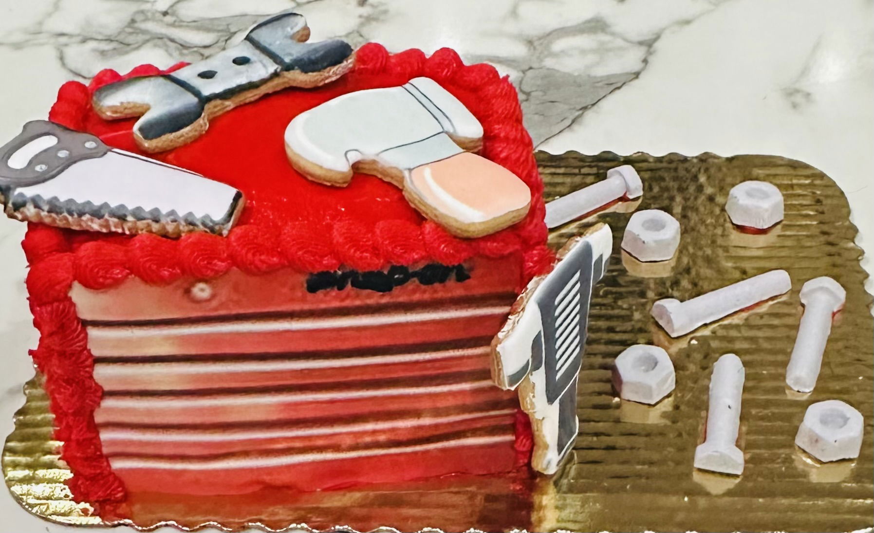 3 Layer Chocolate Tool Box Cake with Buttercream Frosting, Chocolate Candy Tools, and Royal Icing Cookies